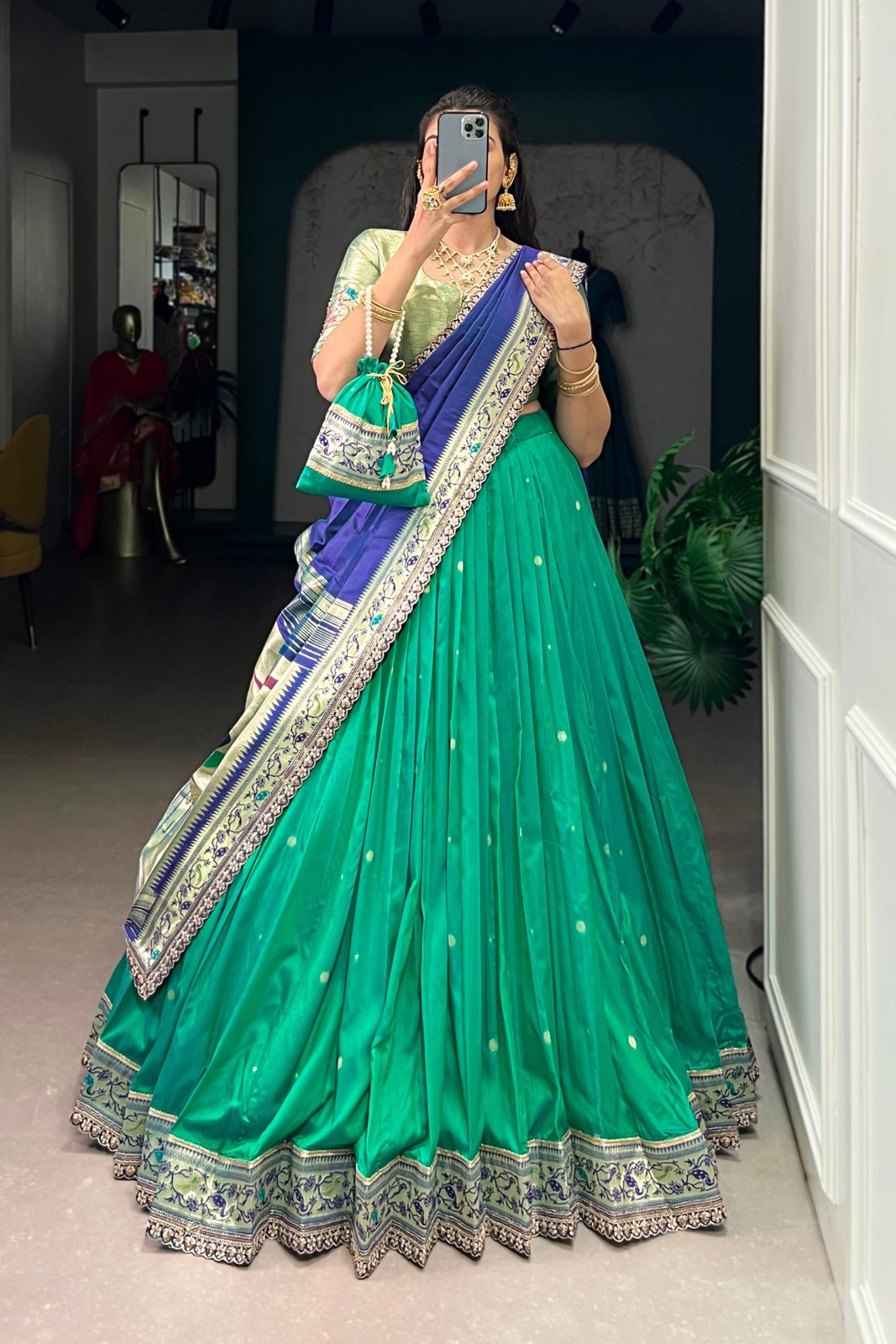 Designer Premium Paithani Soft Silk Zari Weaving Sequins With Thread Embroidery Lehenga Set