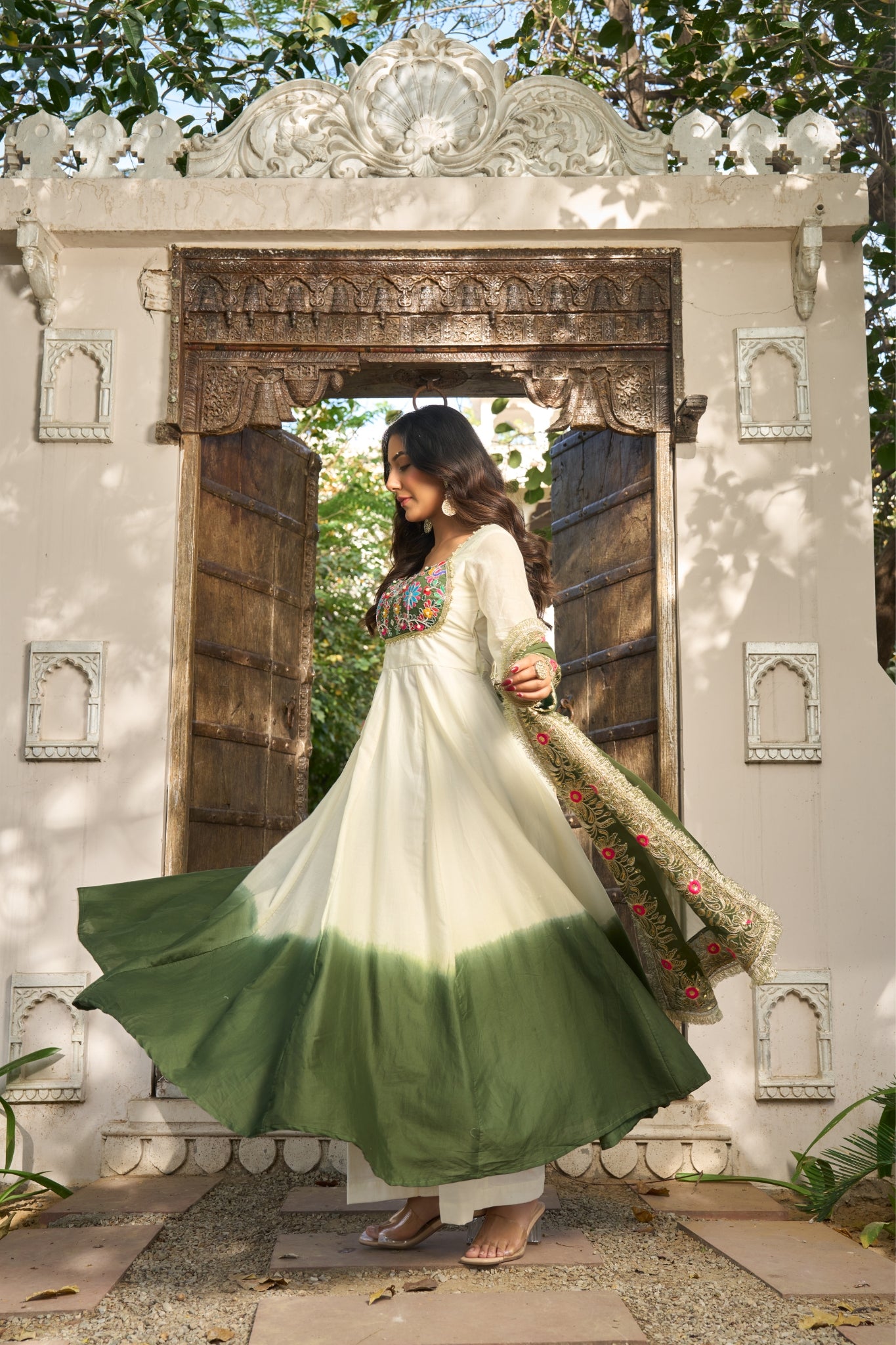 Designer Mul Chanderi Anarkali Suit Set With Palazzo Dupatta For Women