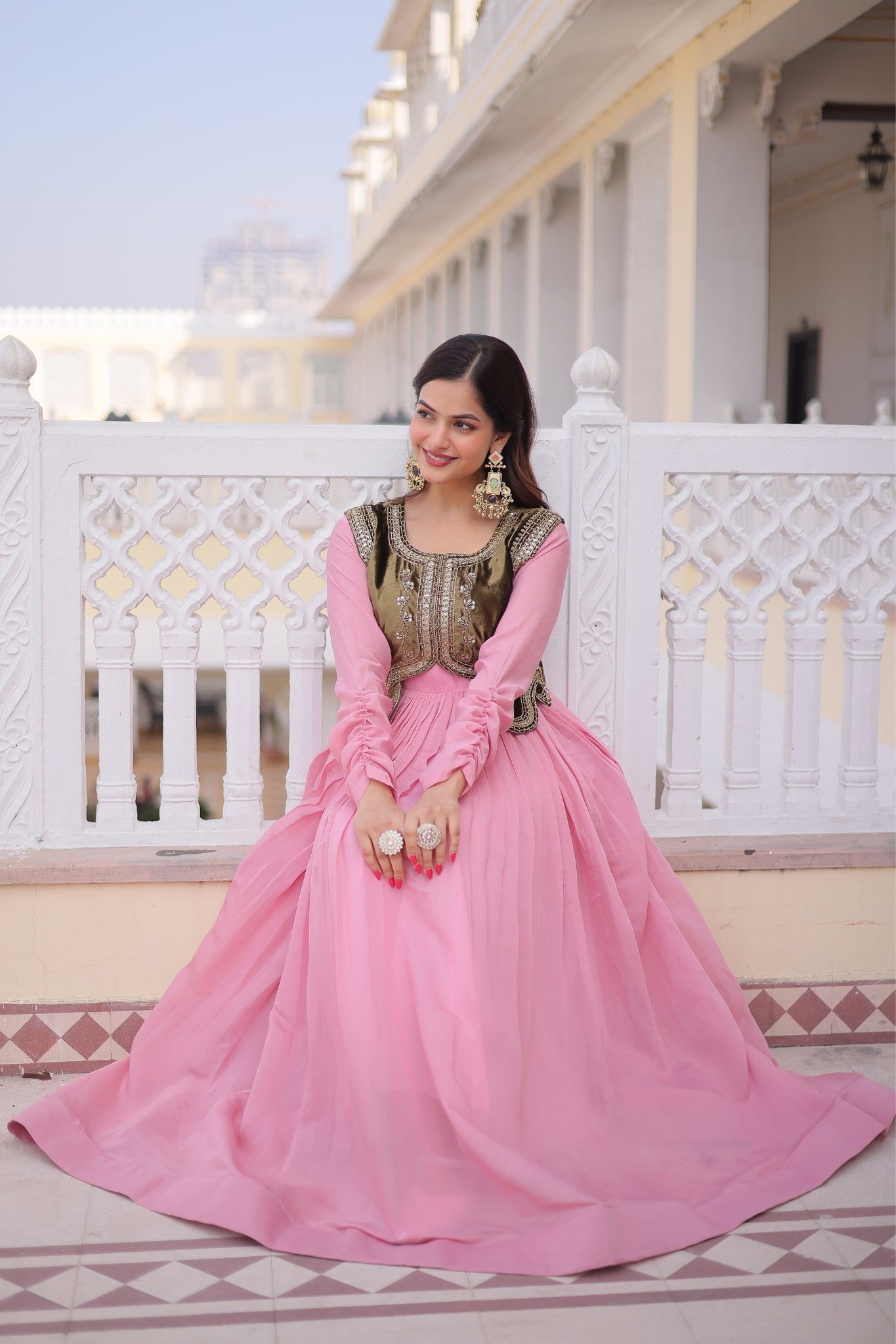 Mal Chanderi Anarkali Gown With Velvet Koti For Women