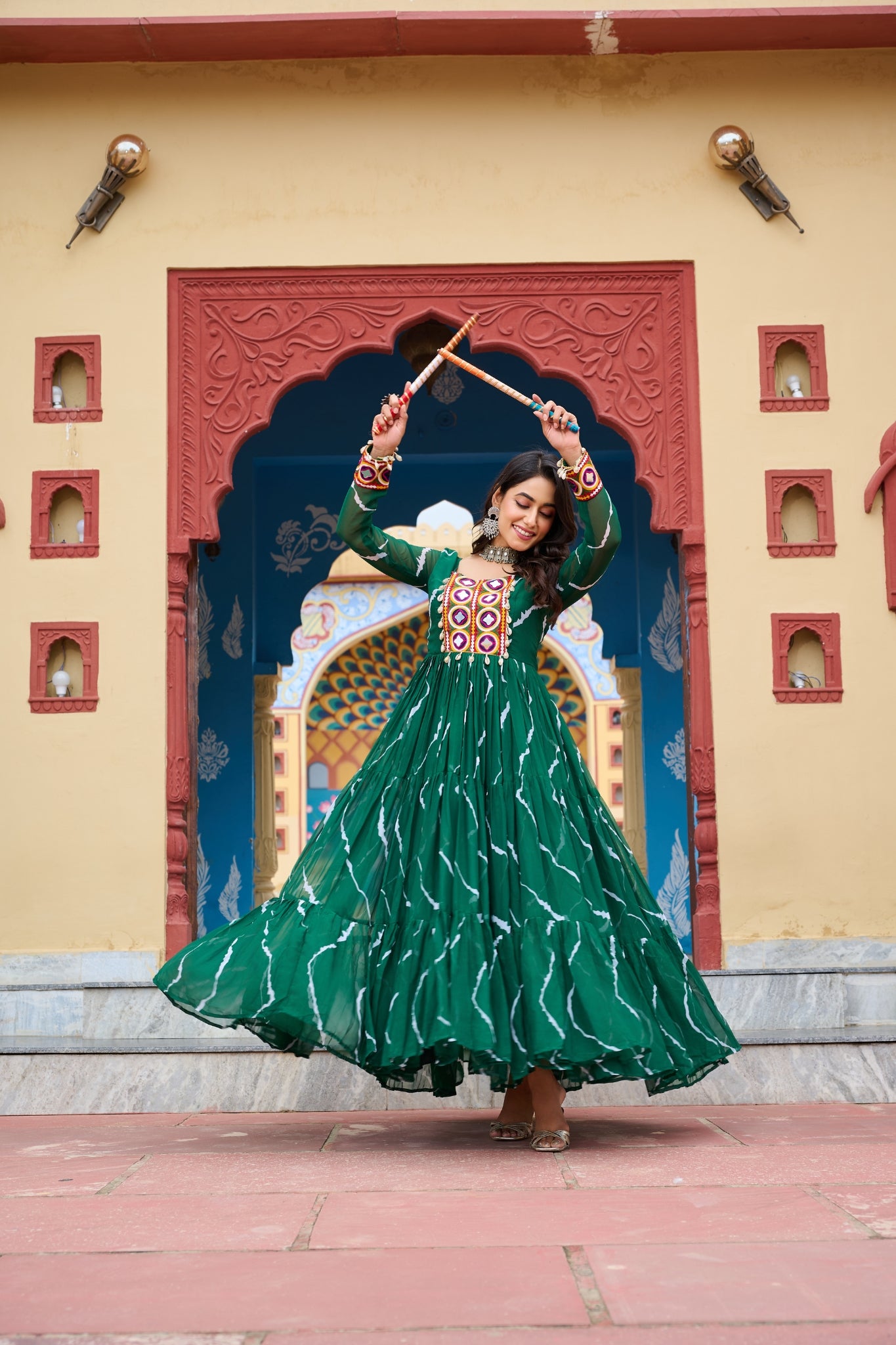 Stunning Laheriya Print With Kutchi Patch Work Georgette Stylish Navratri Gown