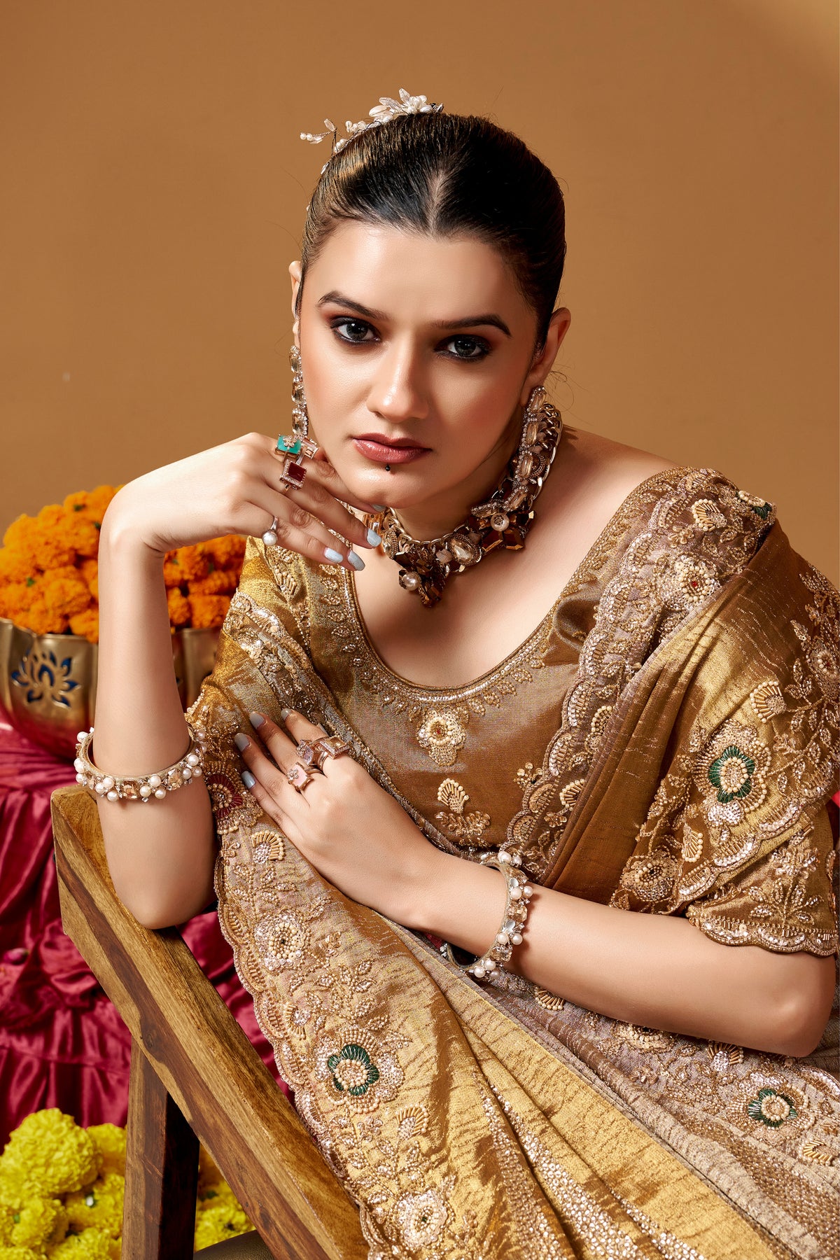 Kanjivaram Zari Tissue Designer Hand Embroider And Tube Beads Wedding Saree