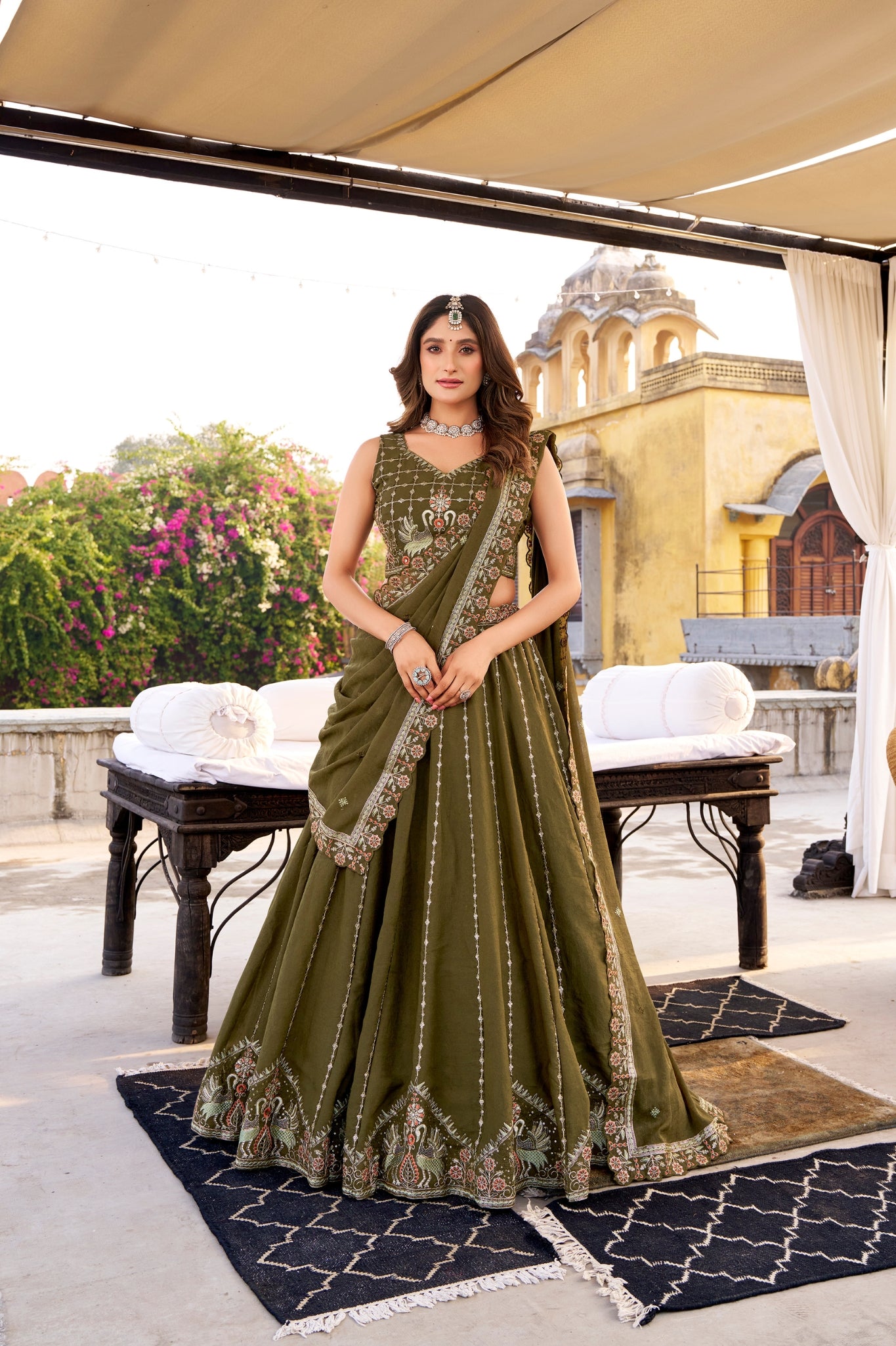 Regal Olive Green Embroidered Bridesmaid Lehenga Choli