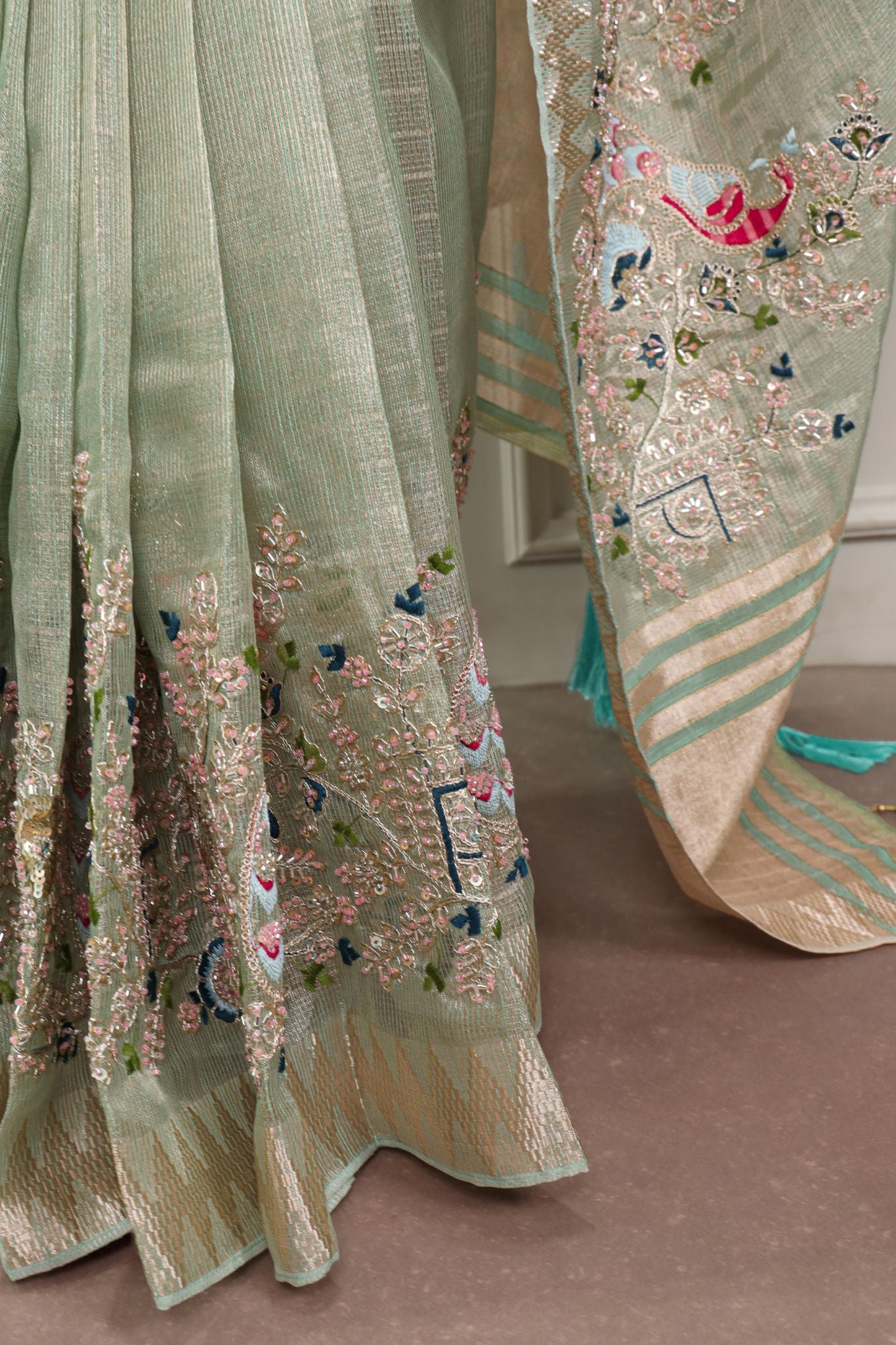 Premium Zari Kota Tissue Saree | Embroidery Beads Work Zari Weaving Border