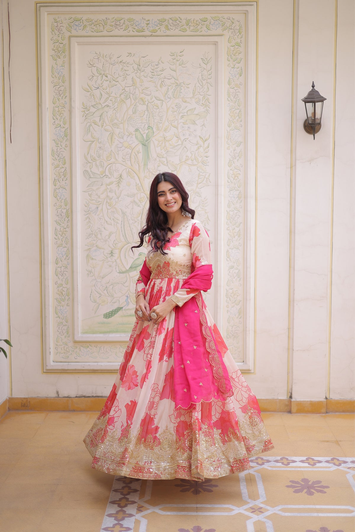 Designer Pink Floral Anarkali Gown with Dupatta Set