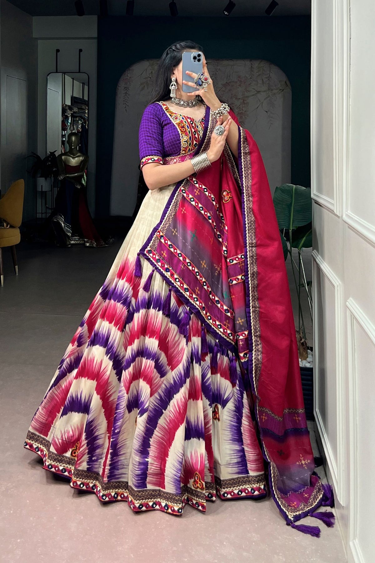 Tasar Silk Tie & Dye With Gamthi Work Navratri Lehenga Choli