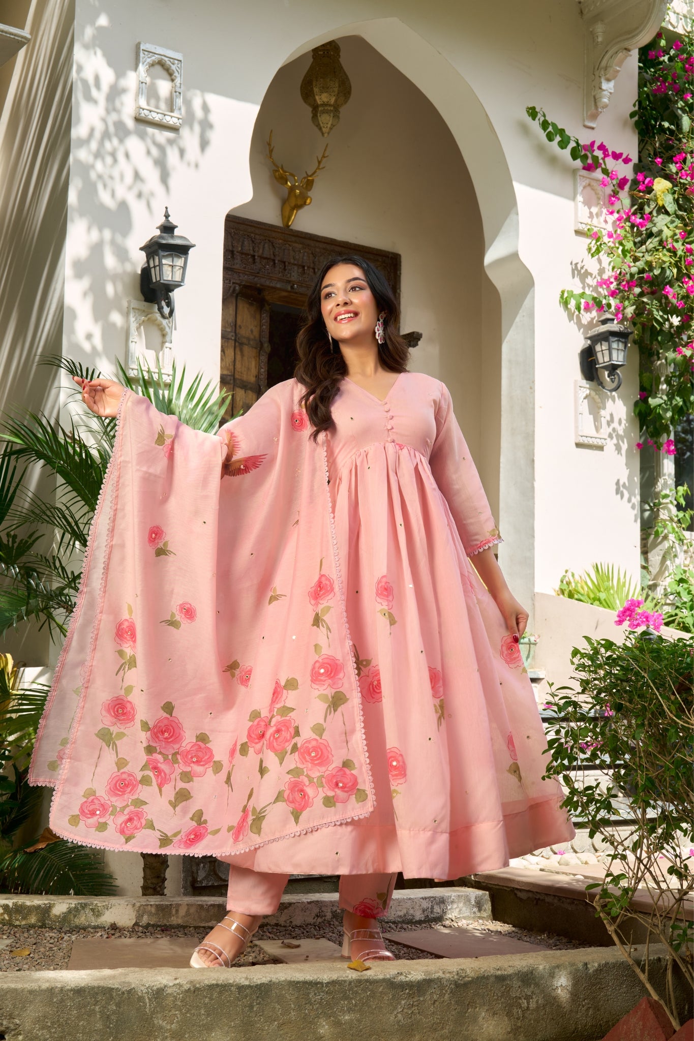 Pure Chanderi Floral Anarkali Suit Set With Palazzo Dupatta For Women