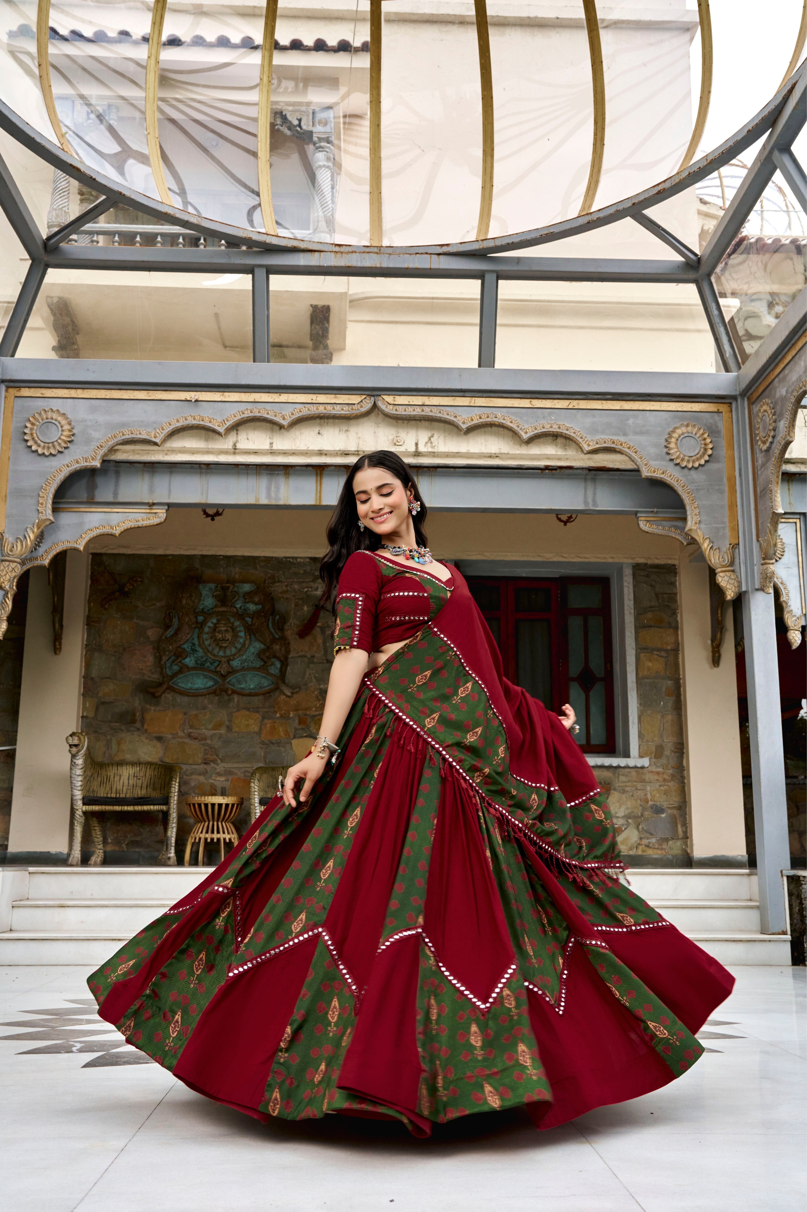 Navratri Special Raasrang Designer Maroon & Green Ajrakh Print PureRayon Lehenga Choli