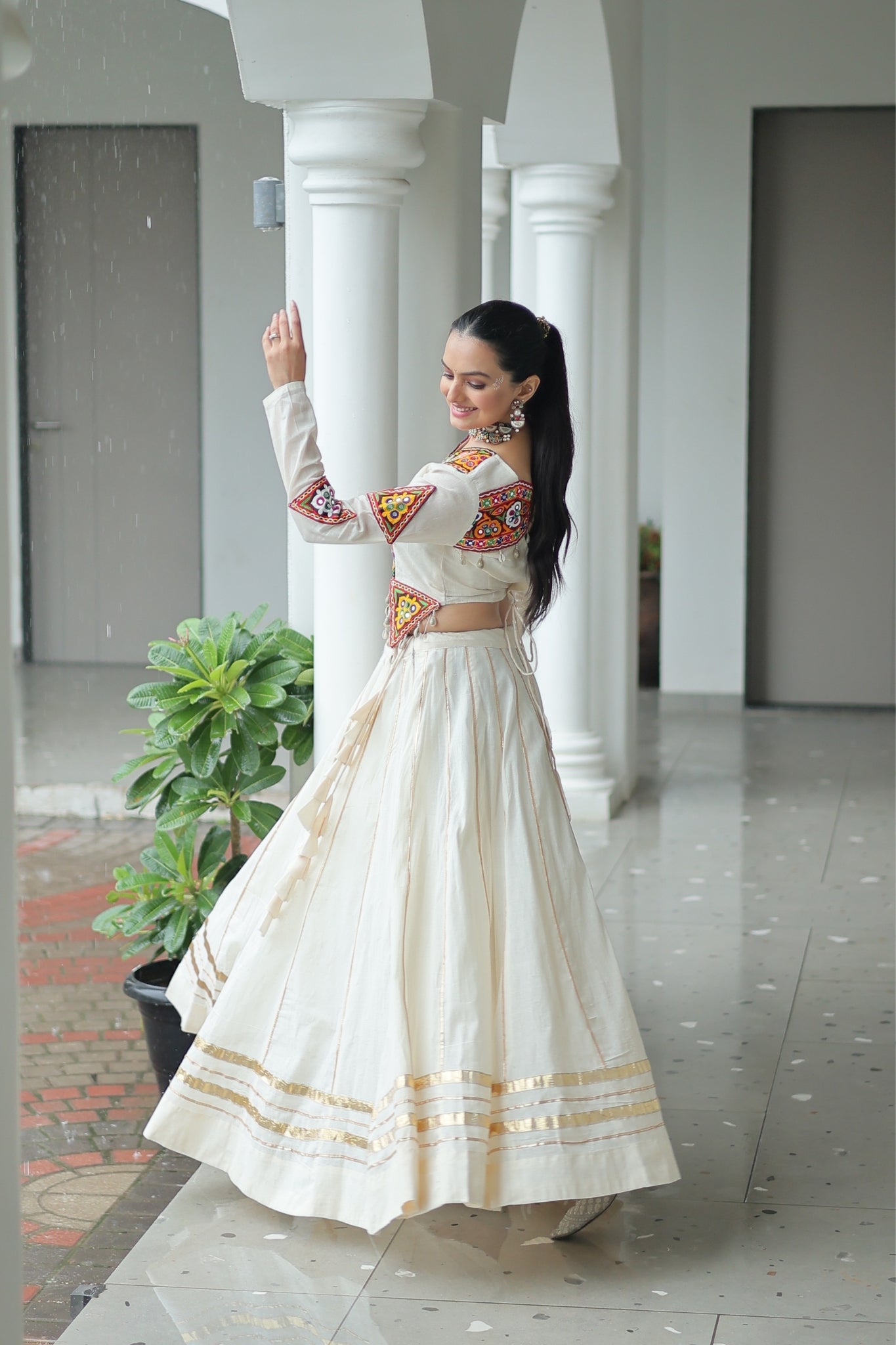 Off White Cotton Kutchi Gamthi Work With Gota Patti Lace Touch up Navratri Designer Lehenga choli
