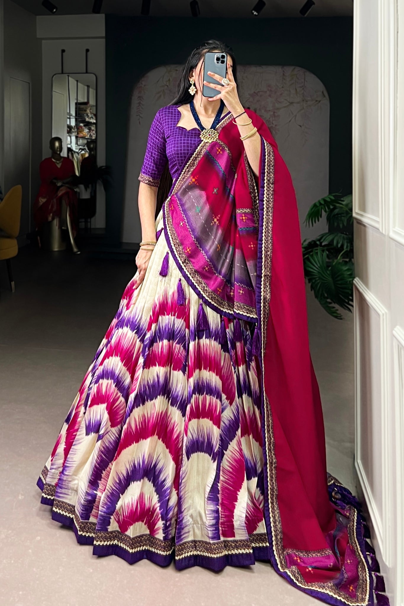 Tasar Silk Tie Dye Lehenga Set With Printed Dupatta And Chex Blouse