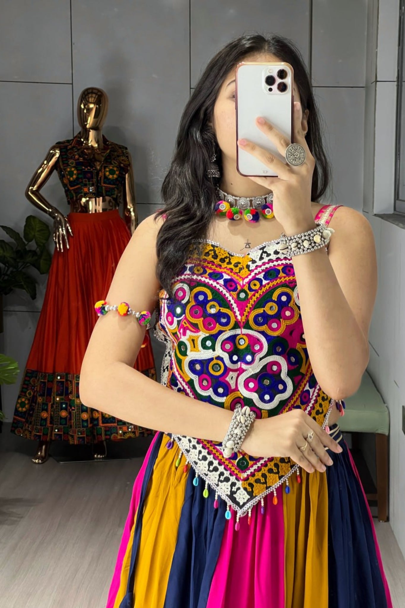 New Multicolor Frilled Pattern Real Mirror Work Navratri Chaniya Choli For Women