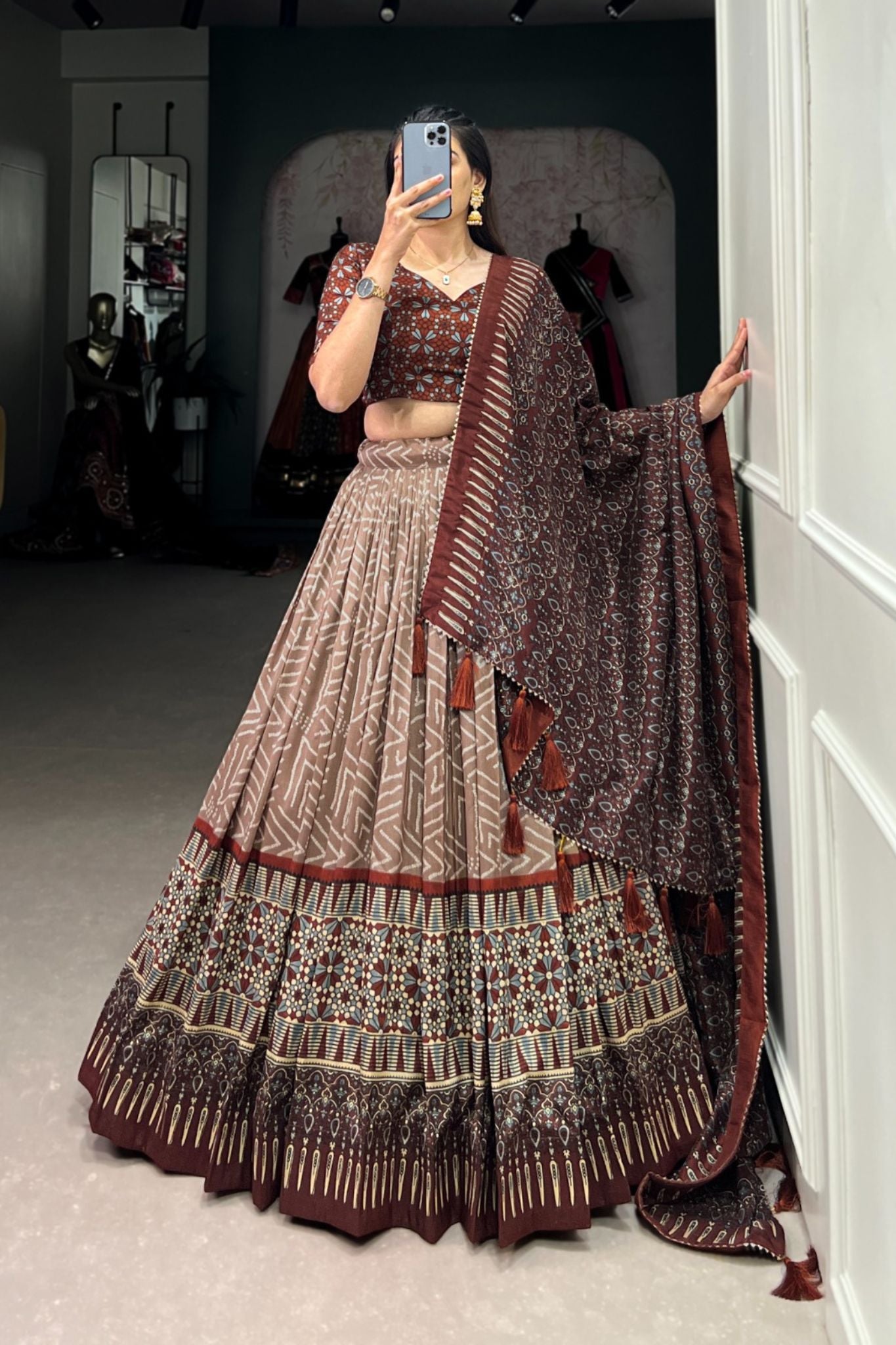 Bandhej With Ajarakh Print Silk Lehenga Choli