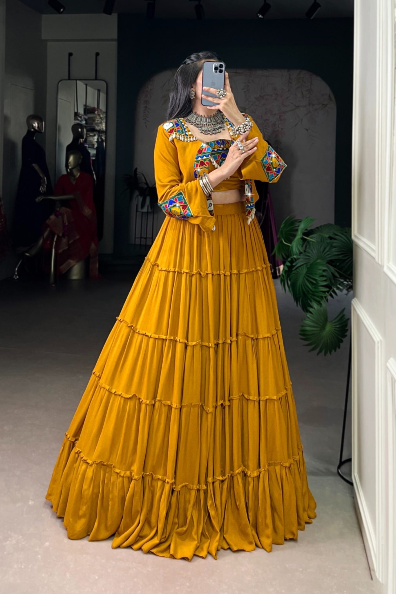 Pure Rayon Mirror Gamthi Work Navratri Lehenga Choli Set