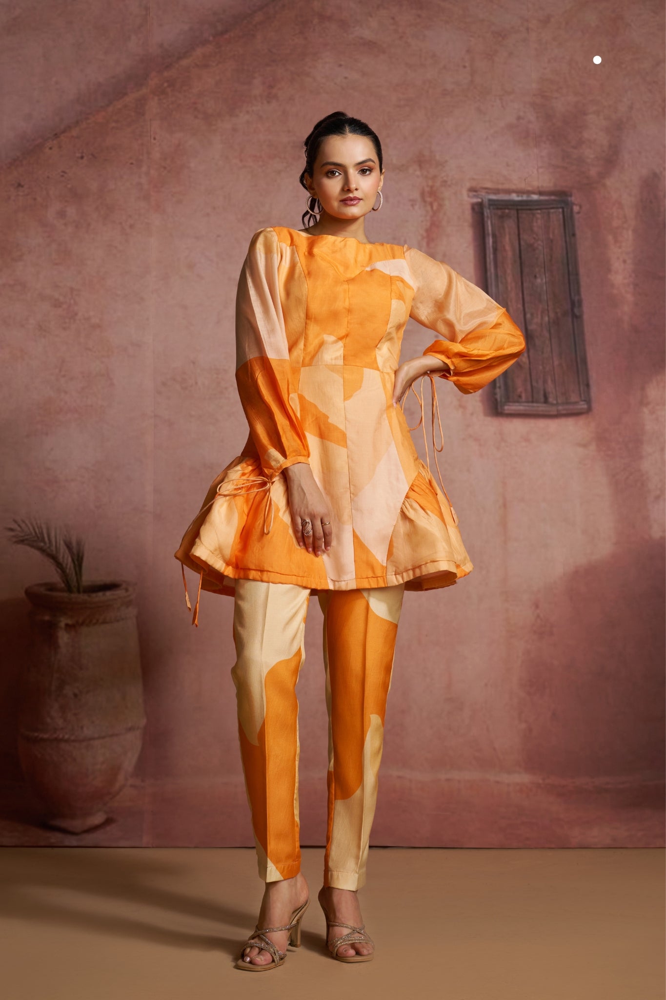 Luxury Pure Muslin Silk Abstract Orange Co Ord Set