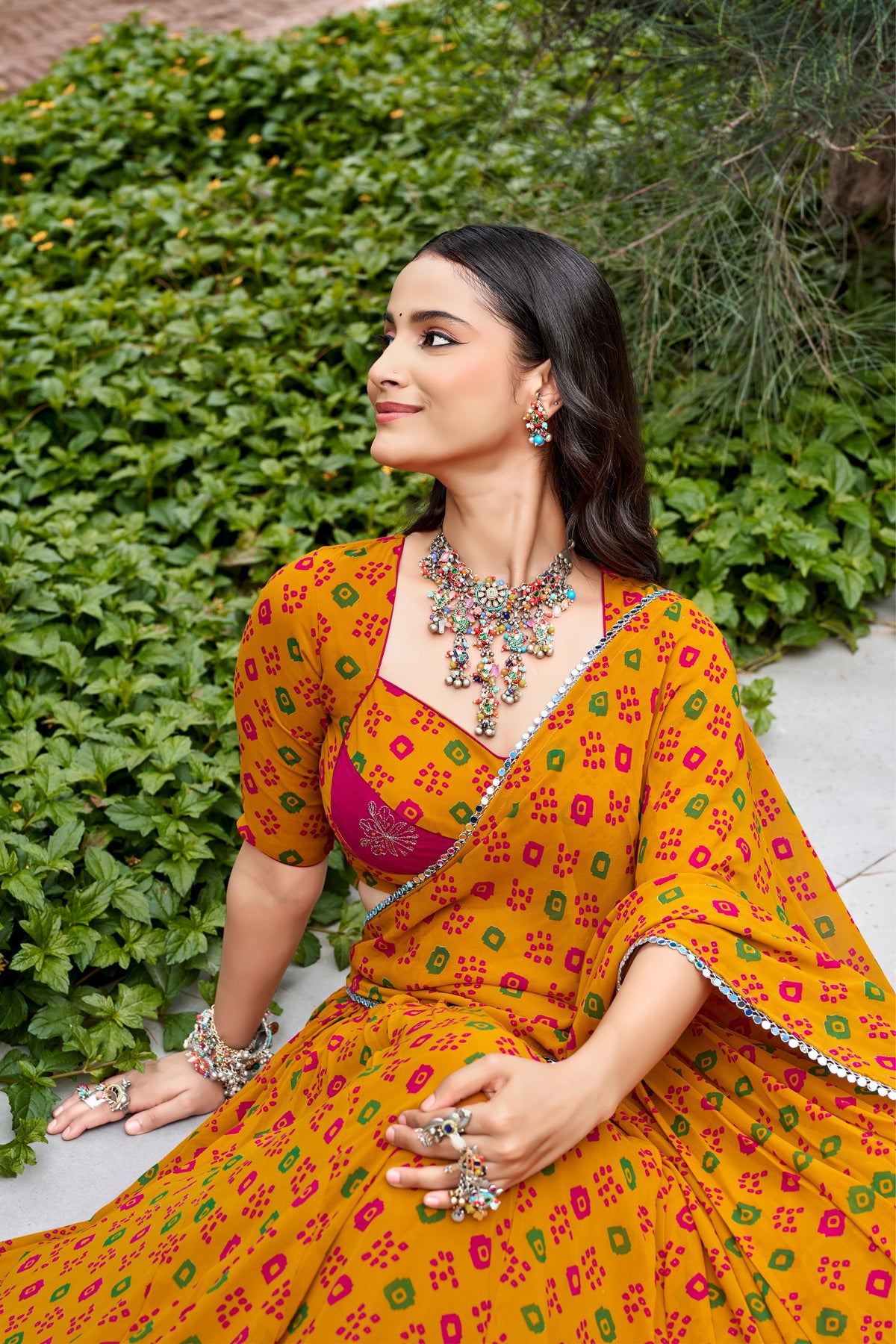 Mustard Georgette Bandhej Print With Embroidery Work Designer Navratri Chaniya Choli For Women