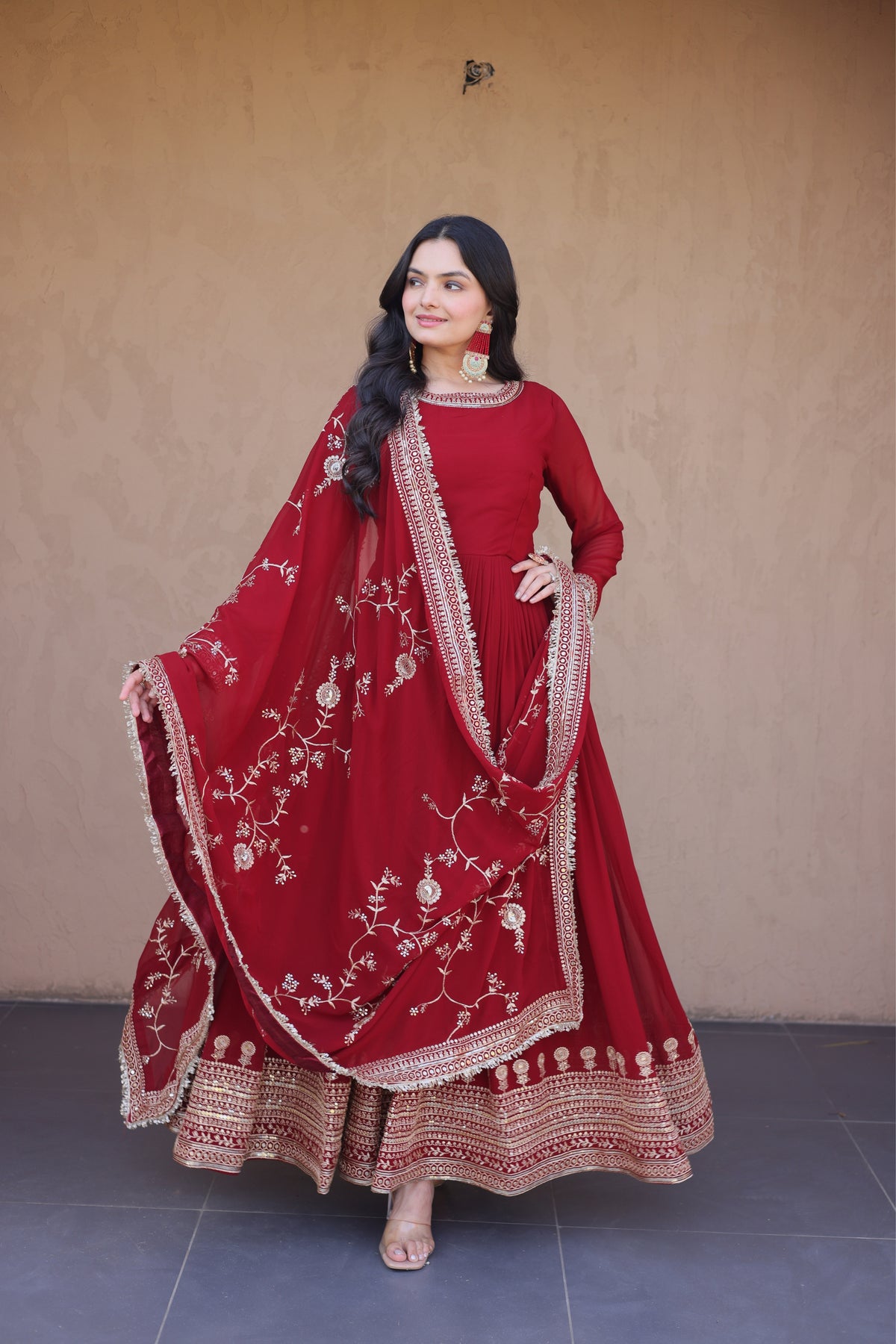 Maroon Designer Anarkali Gown with Dupatta Set