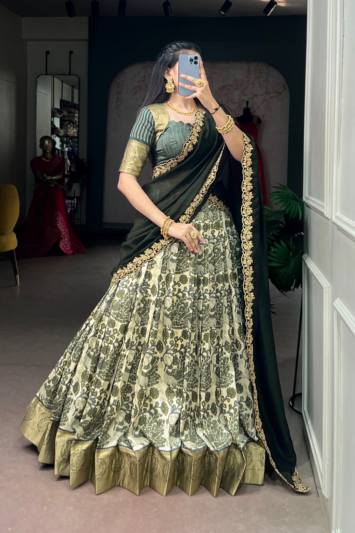 Designer Peacock Floral Print Half Saree Lehenga Choli