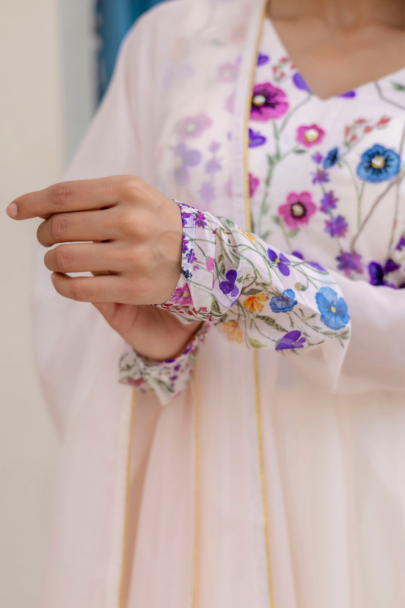 Ivory Floral Printed Organza Anarkali Set With Dupatta