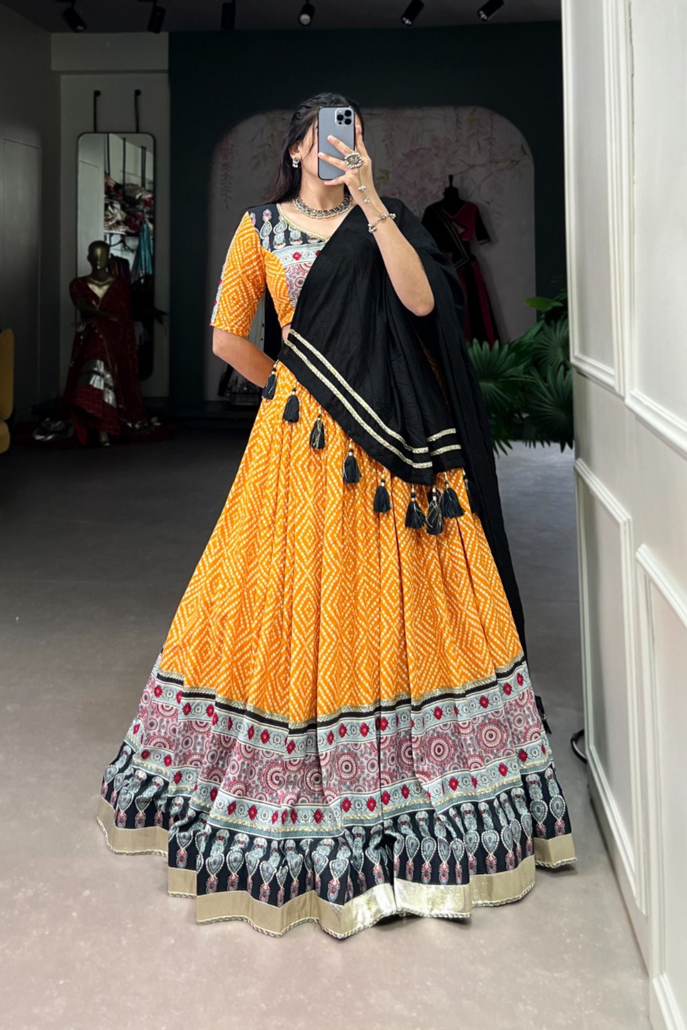 Bandhej With Ajrakh Printed Rayon Navratri Lehenga Choli