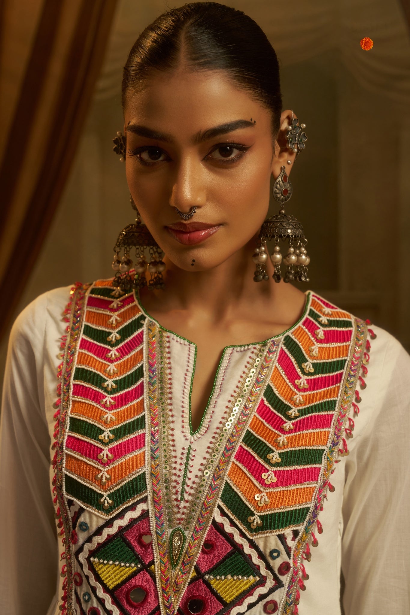 White Mul Cotton Hand embroidered Mirror Work Anarkali Set For Women