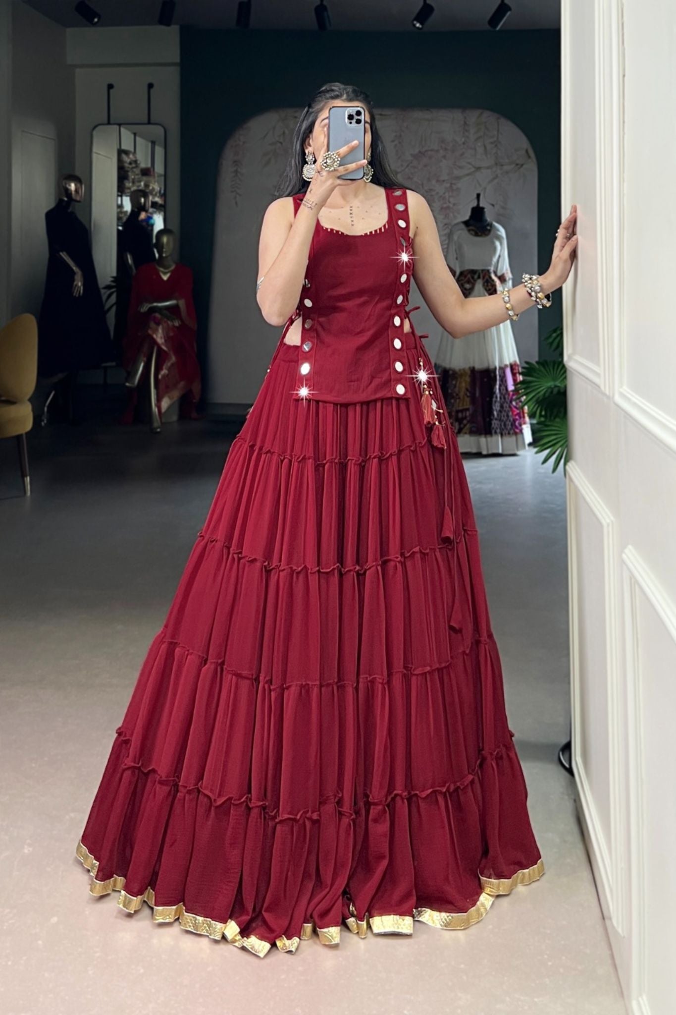 14 Meter Full Gher Navratri Showstopper Lehenga Choli With Mirror Koti