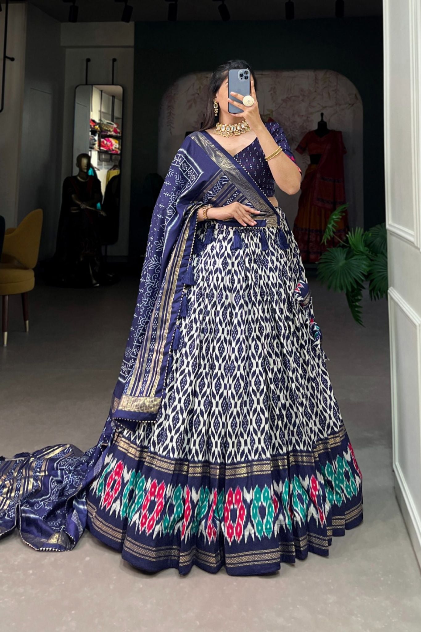 Stylish Ikkat Print Foil Work Lehenga Choli