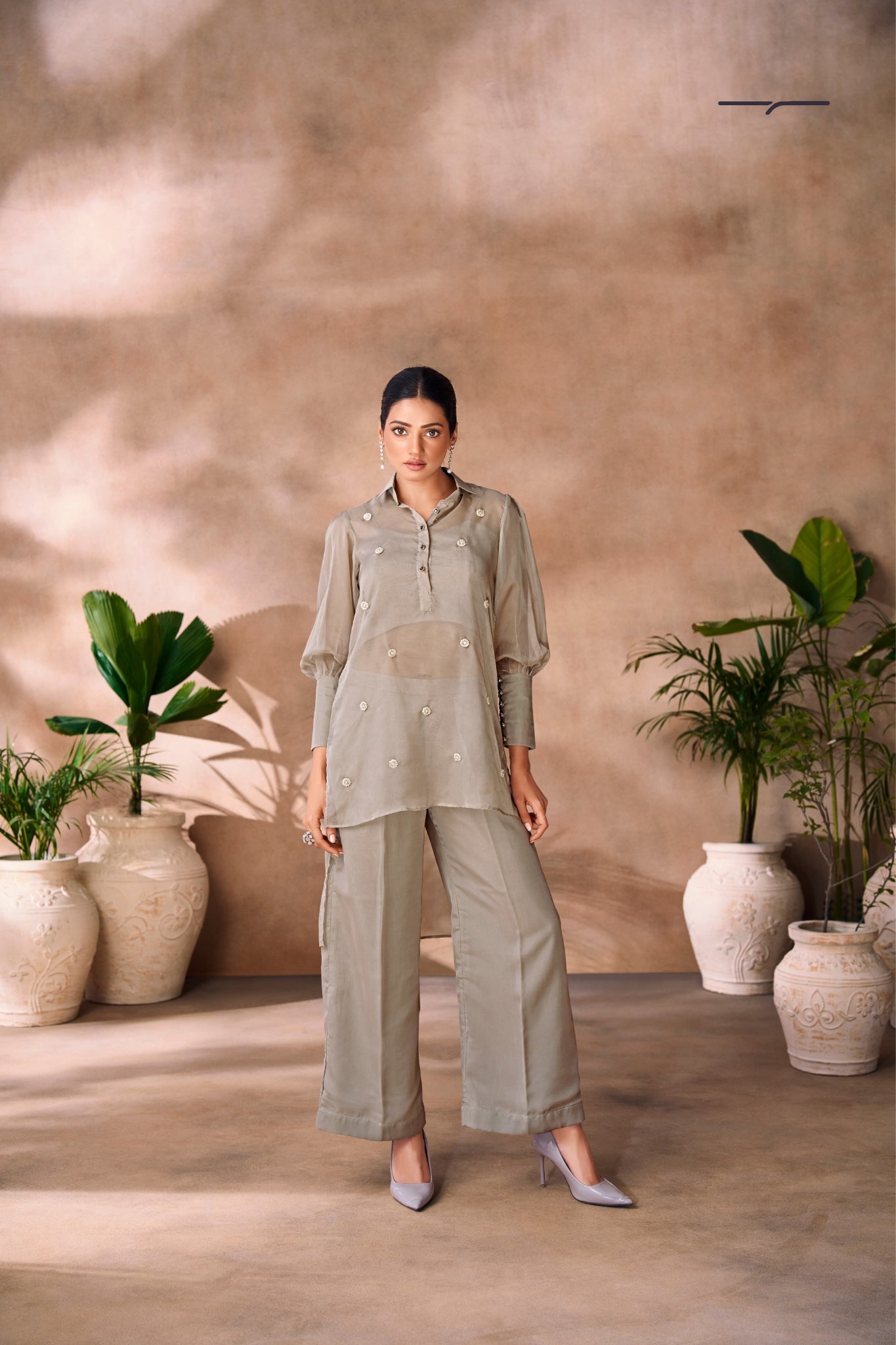 Serene Grey Handwork Organza Co Ord Set