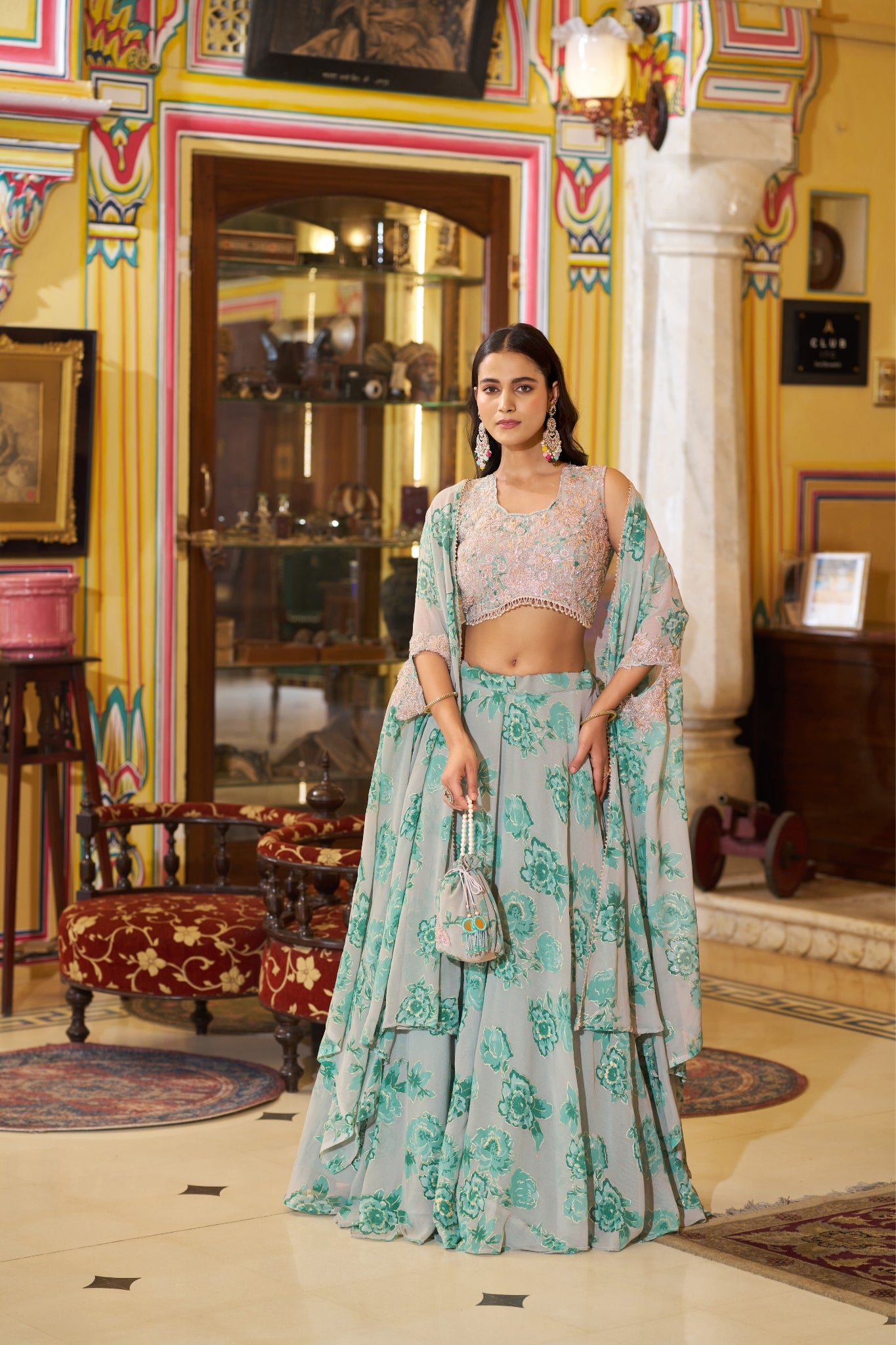 Acriine Luxe Pastel Floral Designer Lehenga Choli With Stylish Cape Dupatta