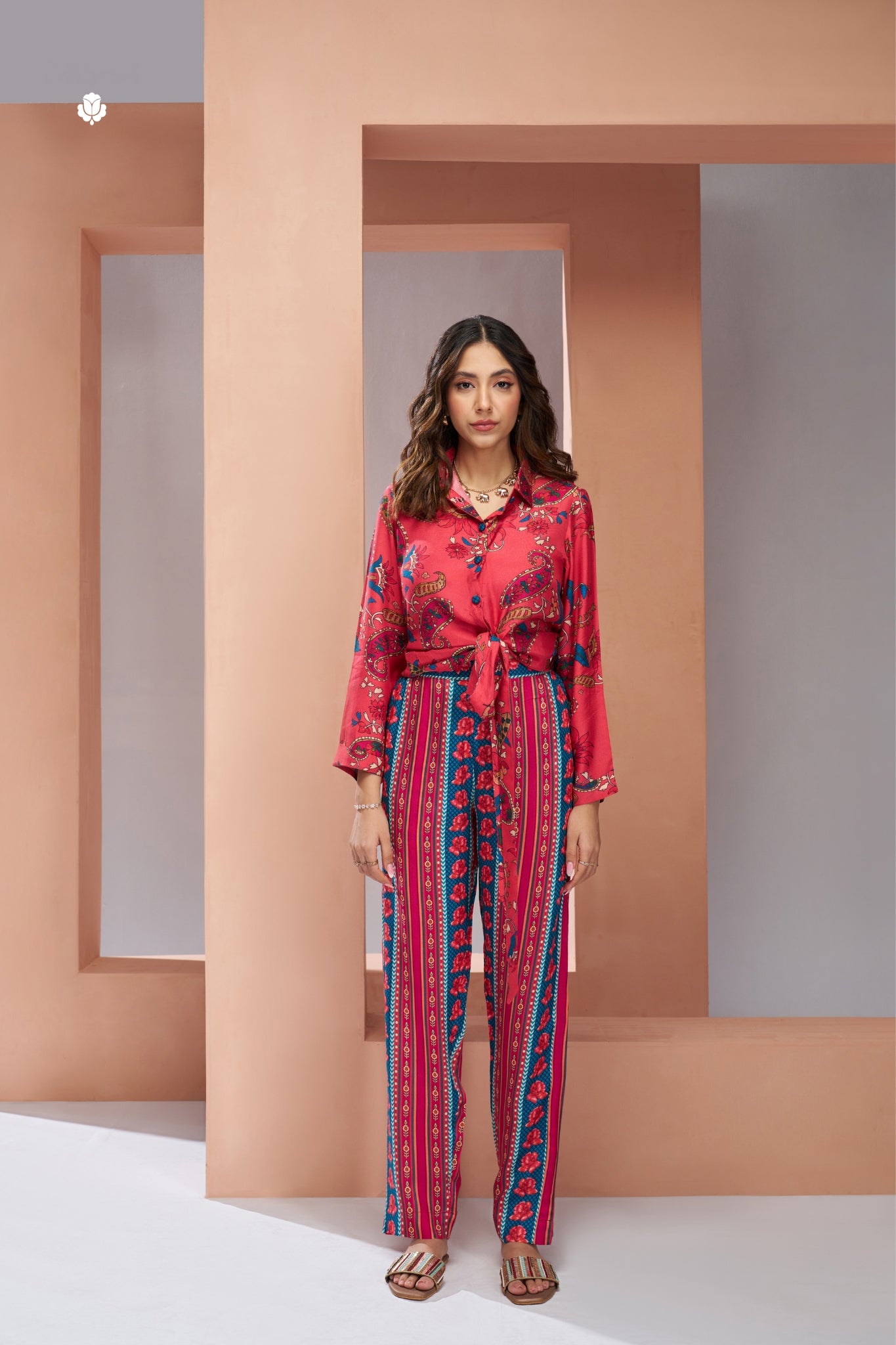 Pure Muslin Silk Coral Pink Co-Ord Set For Women