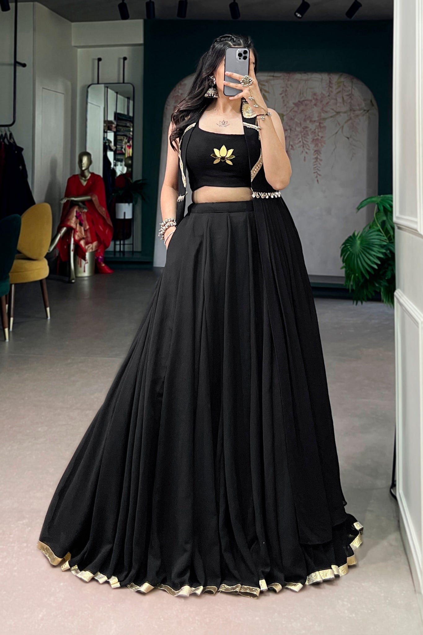 RaasRang Navratri Special Black Lotus Lehenga Choli With Long Jacket
