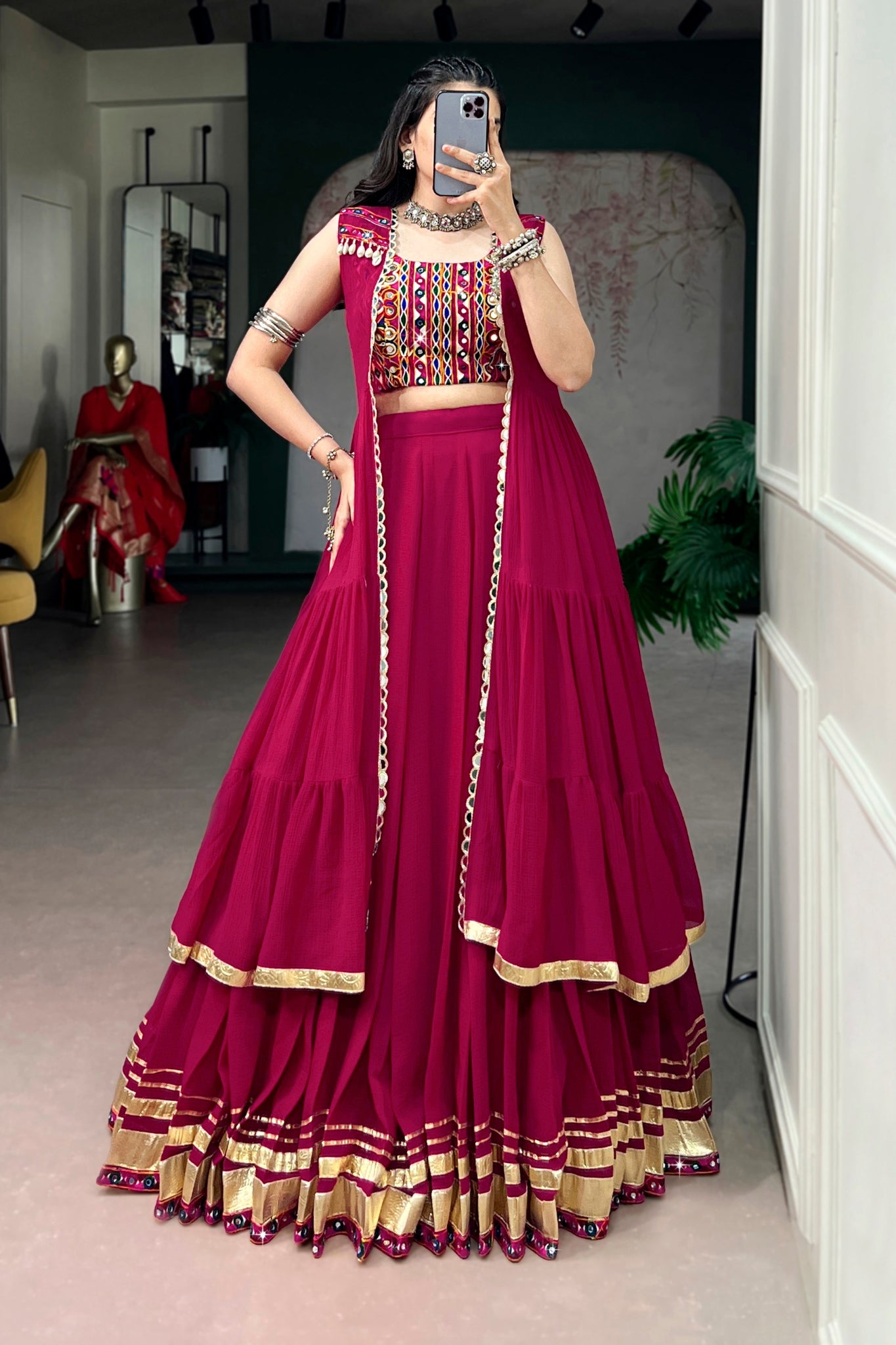 RaasRang Navratri Special Rani Pink Gamthi Work Lehenga Choli With Long Koti
