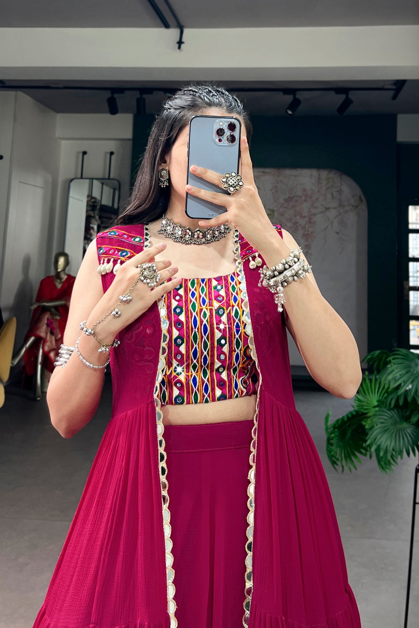 RaasRang Navratri Special Rani Pink Gamthi Work Lehenga Choli With Long Koti
