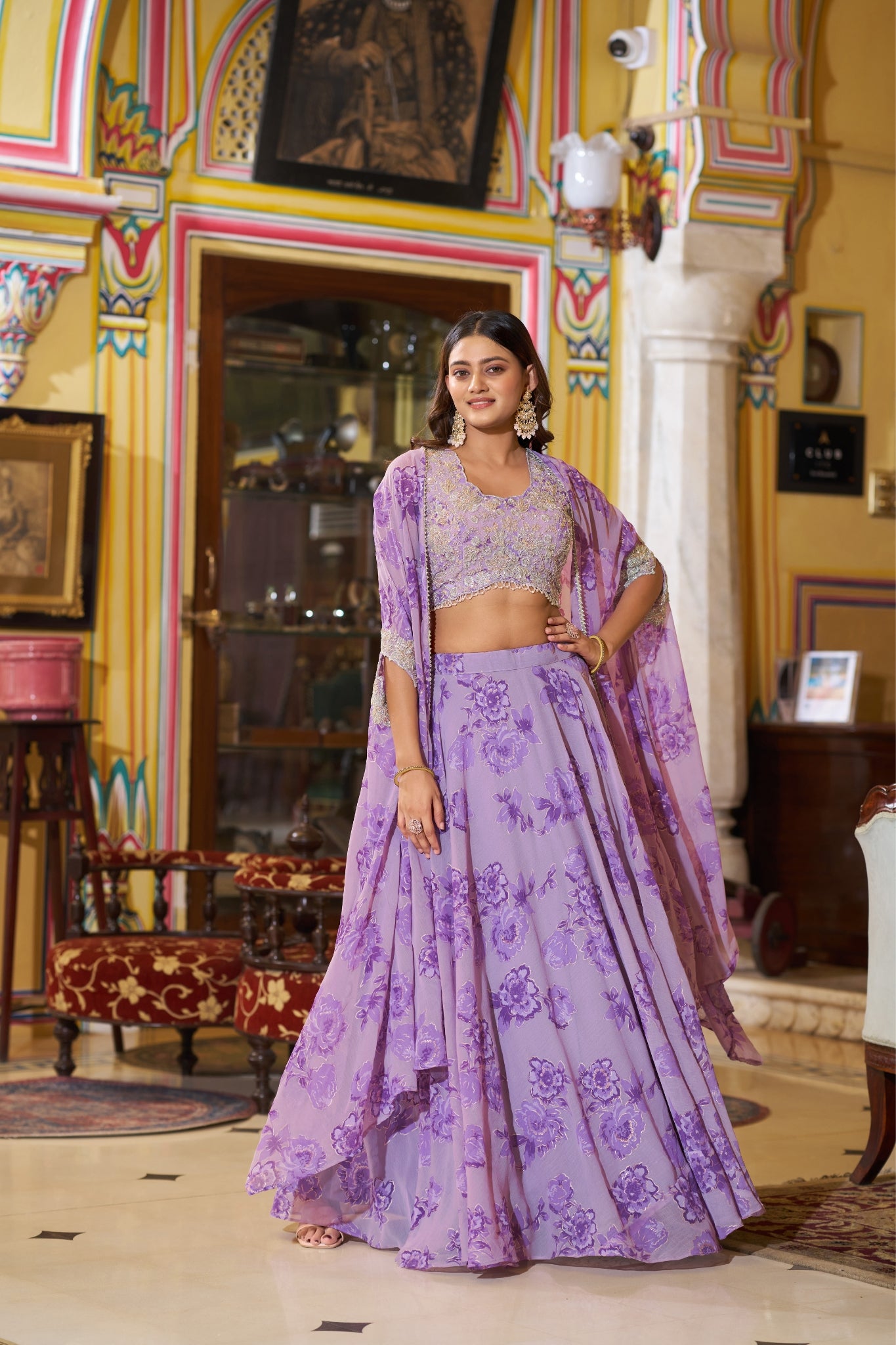 Acriine Luxe Pastel Floral Designer Lehenga Choli With Stylish Cape Dupatta
