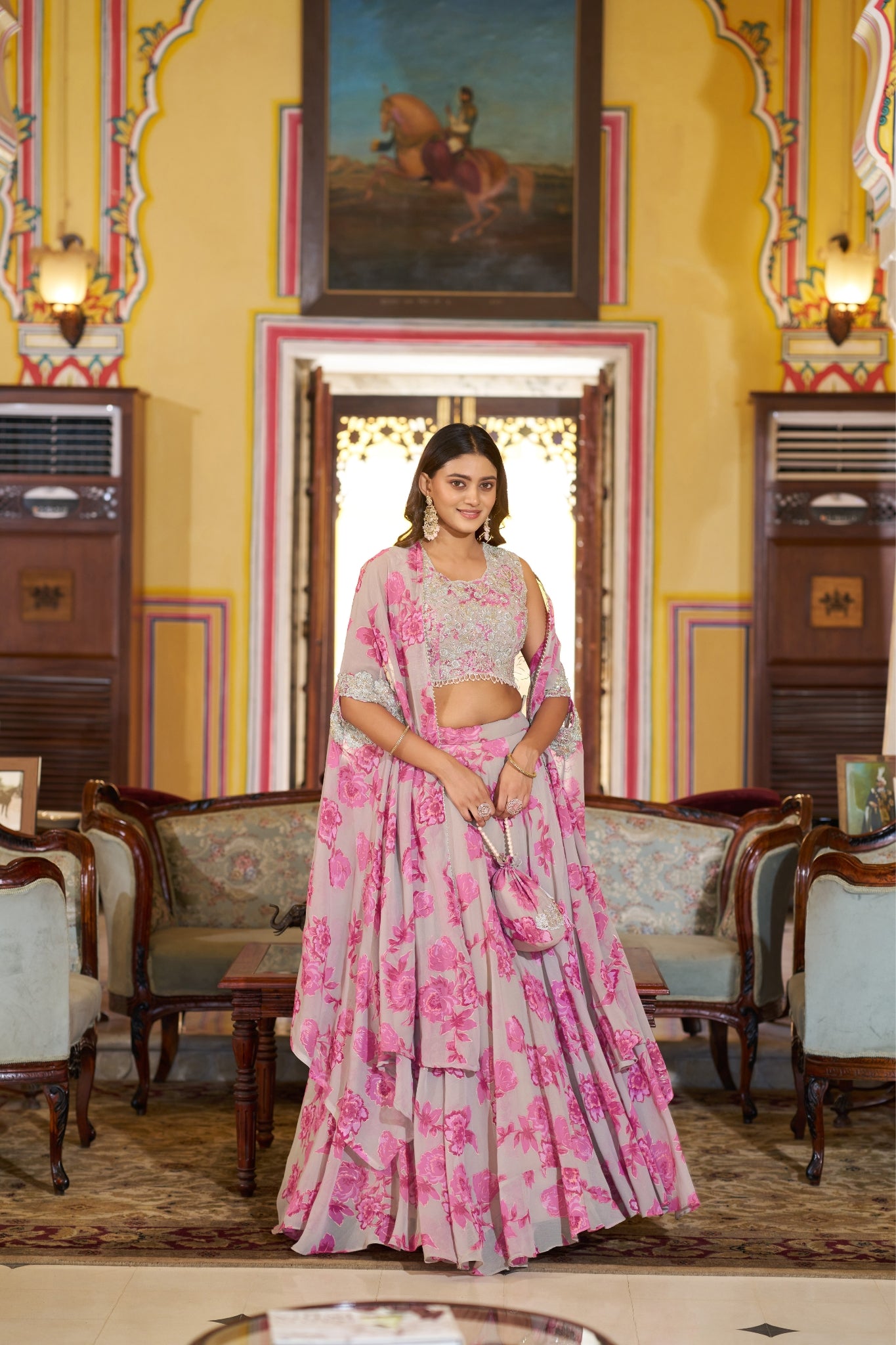 Acriine Luxe Pastel Floral Designer Lehenga Choli With Stylish Cape Dupatta