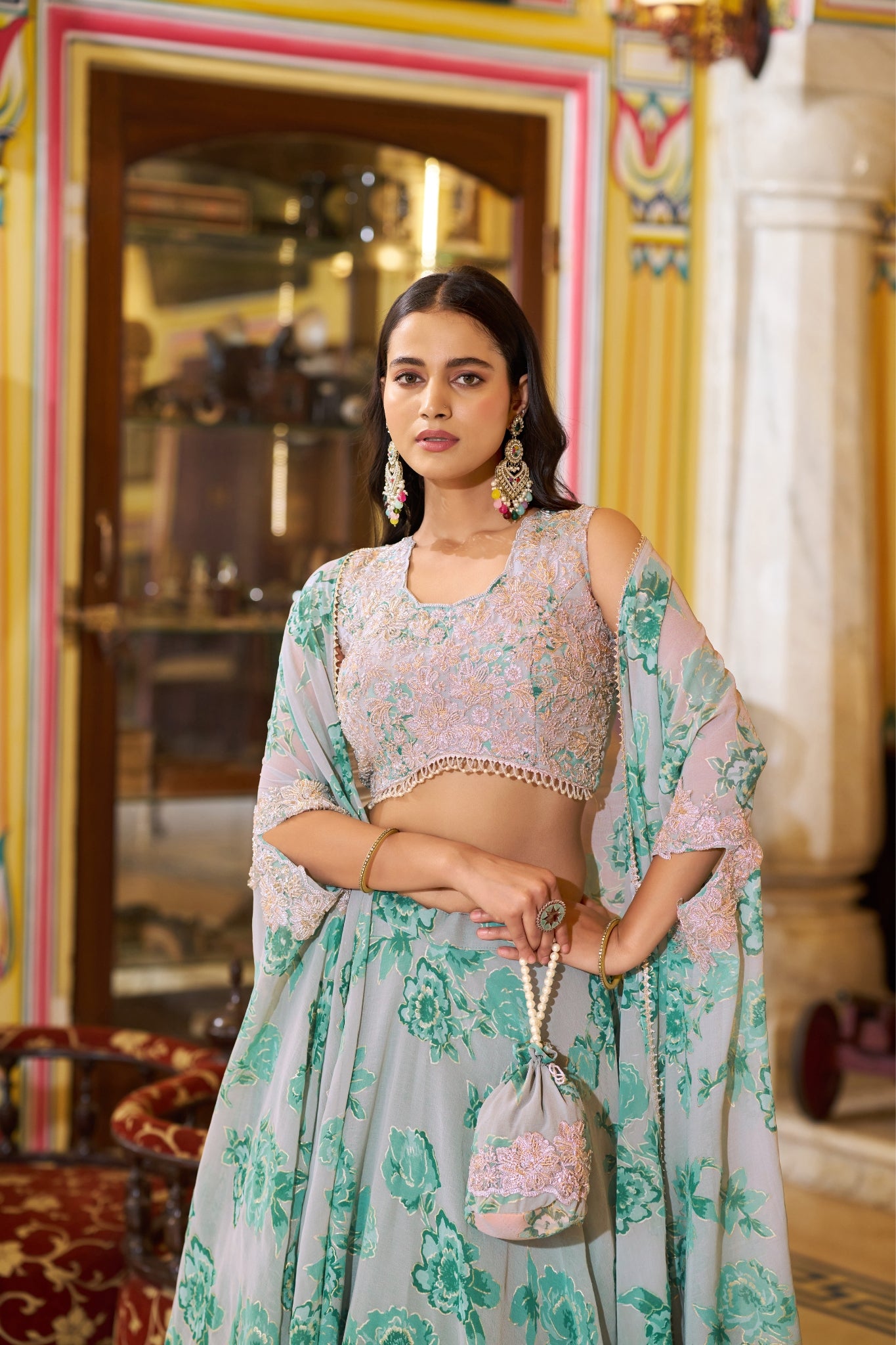 Acriine Luxe Pastel Floral Designer Lehenga Choli With Stylish Cape Dupatta