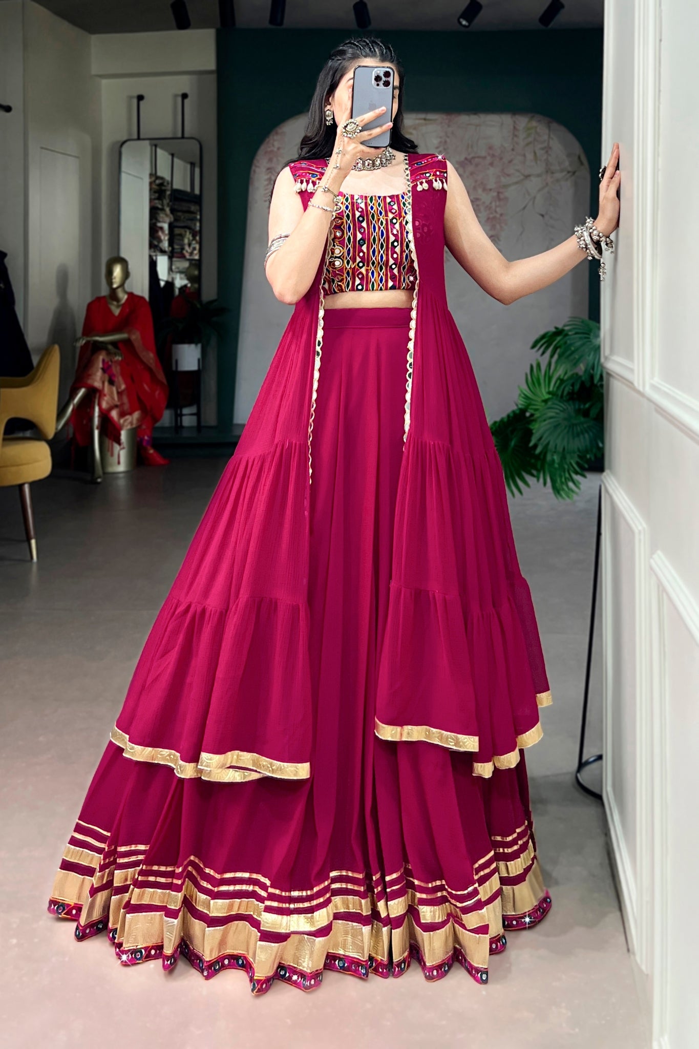 RaasRang Navratri Special Rani Pink Gamthi Work Lehenga Choli With Long Koti
