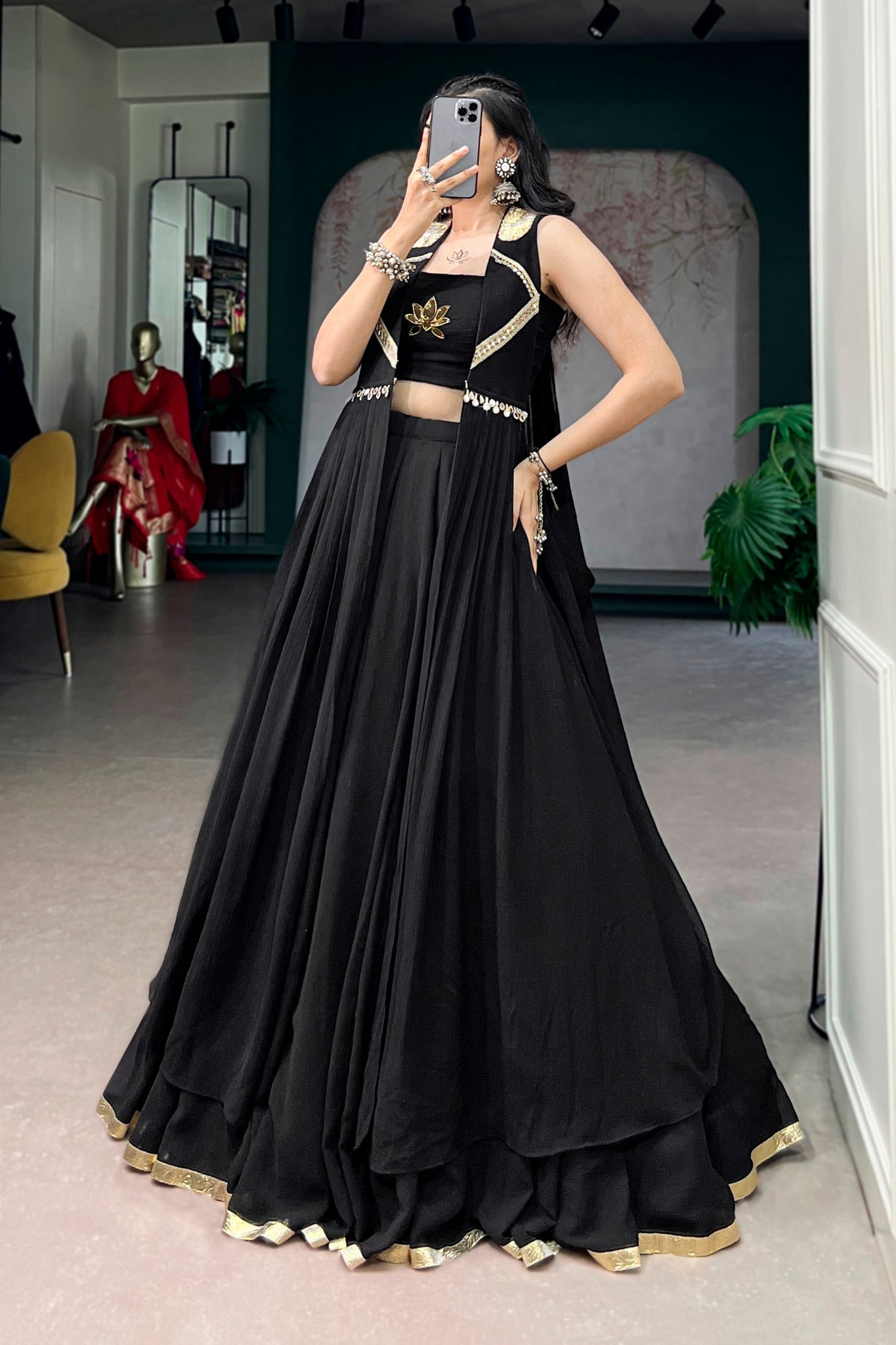 RaasRang Navratri Special Black Lotus Lehenga Choli With Long Jacket

